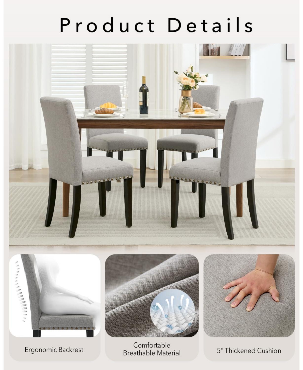 Modern Grey Linen Dining Chairs 6-Pack Nailhead Trim Padded Seat Solid Wood Legs Non-Slip Floor Pads for Home Restaurant