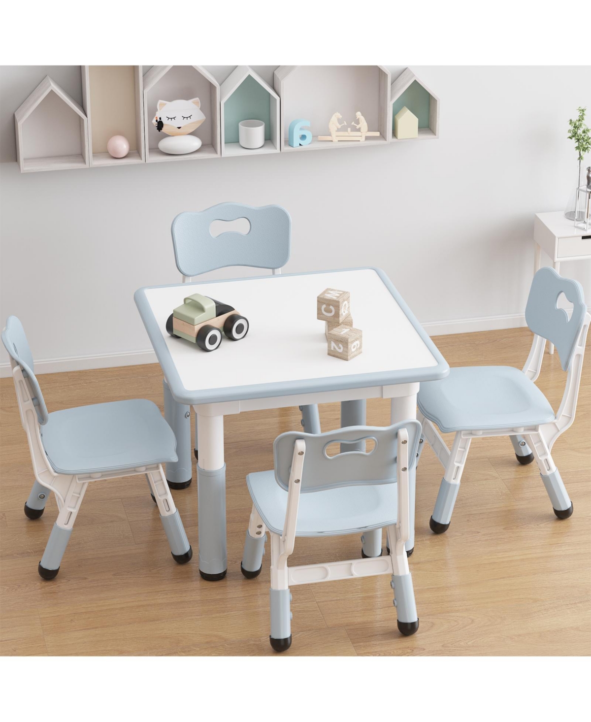 Kids Table and 4 Chairs Set Height Adjustable with Graffiti Desktop Non-Slip Legs Easy Clean Activity Desk for Toddlers Daycare Study Area Home