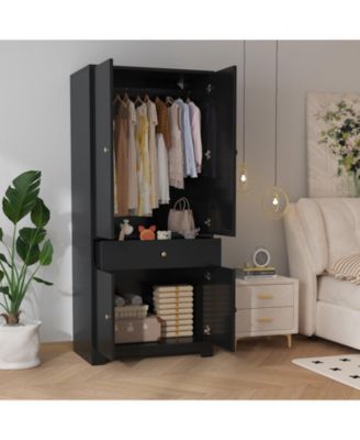 71" Modern Wooden Armoire Wardrobe with Drawer, 4 Doors and Adjustable Shelves,BlackandWhite