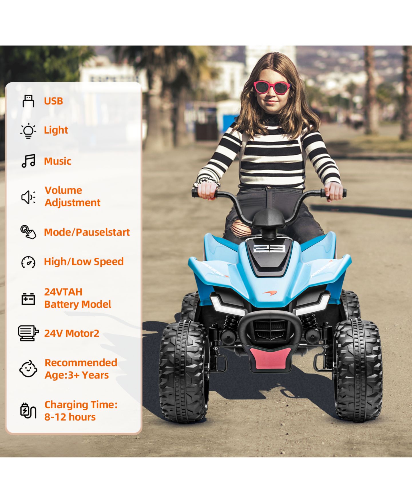 Детская игрушка homfan 24V 4WD Kids Ride On ATV 4 Wheeler Quad Car with LED Lights, 2 Speed, 66 lb Capacity, 3–8 лет — фото 9