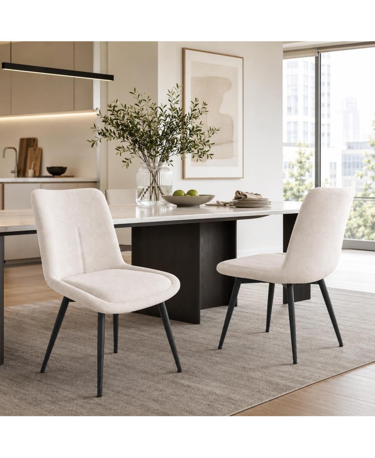 Set of 2 Chenille Upholstered Dining Chairs with Metal Frame and Adjustable Feet,Beige