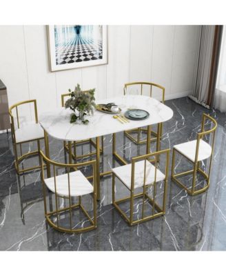  7-Piece Golden Faux Marble Dining Set, 53.5" Table and 6 Chairs