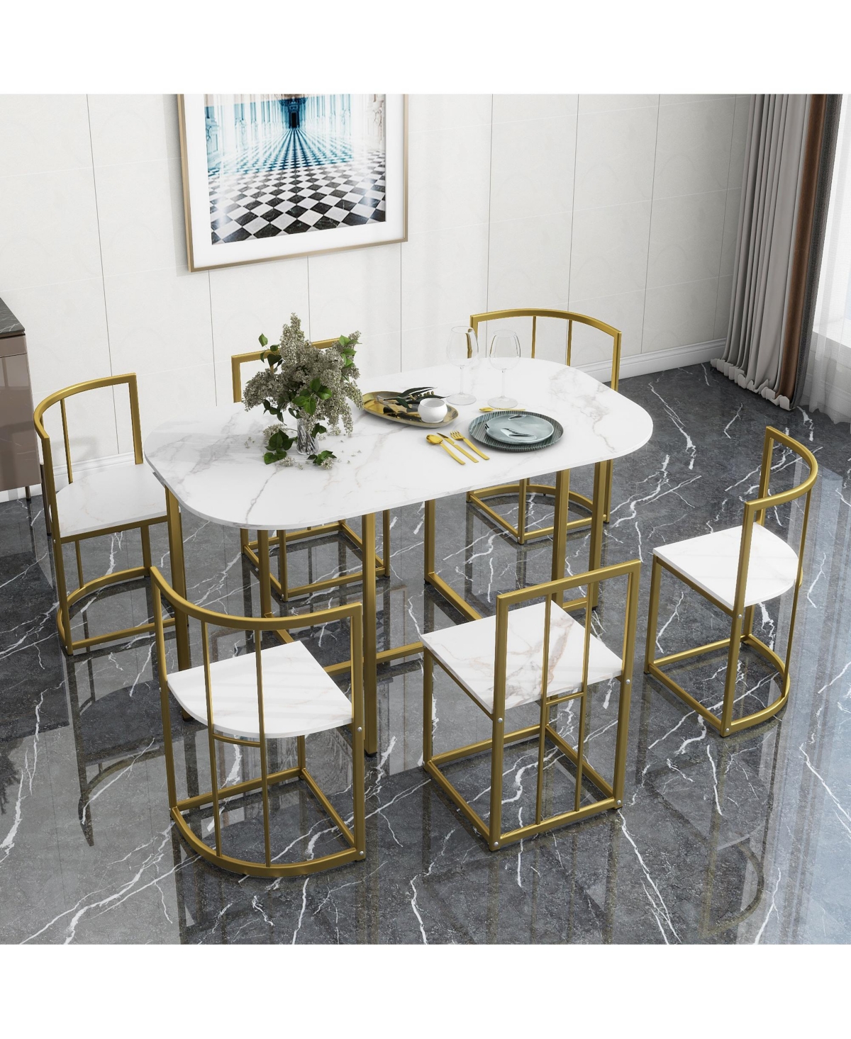 Flynama 7-Piece Golden Faux Marble Dining Set, 53.5" Table and 6 Chairs