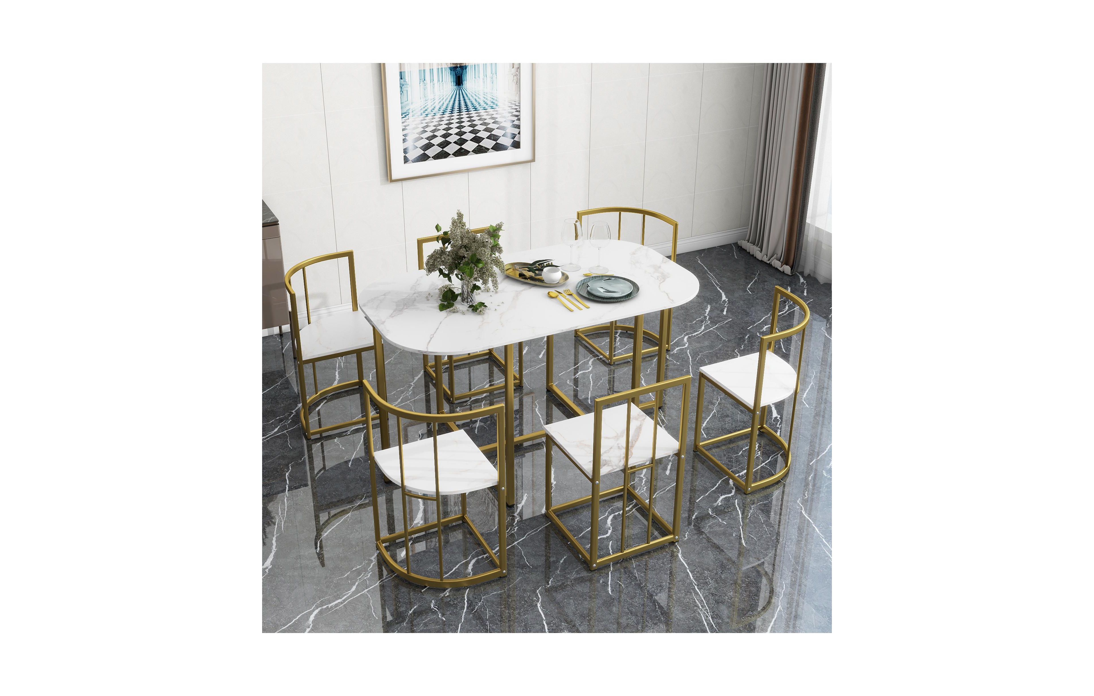 Flynama 7-Piece Golden Faux Marble Dining Set, 53.5" Table and 6 Chairs