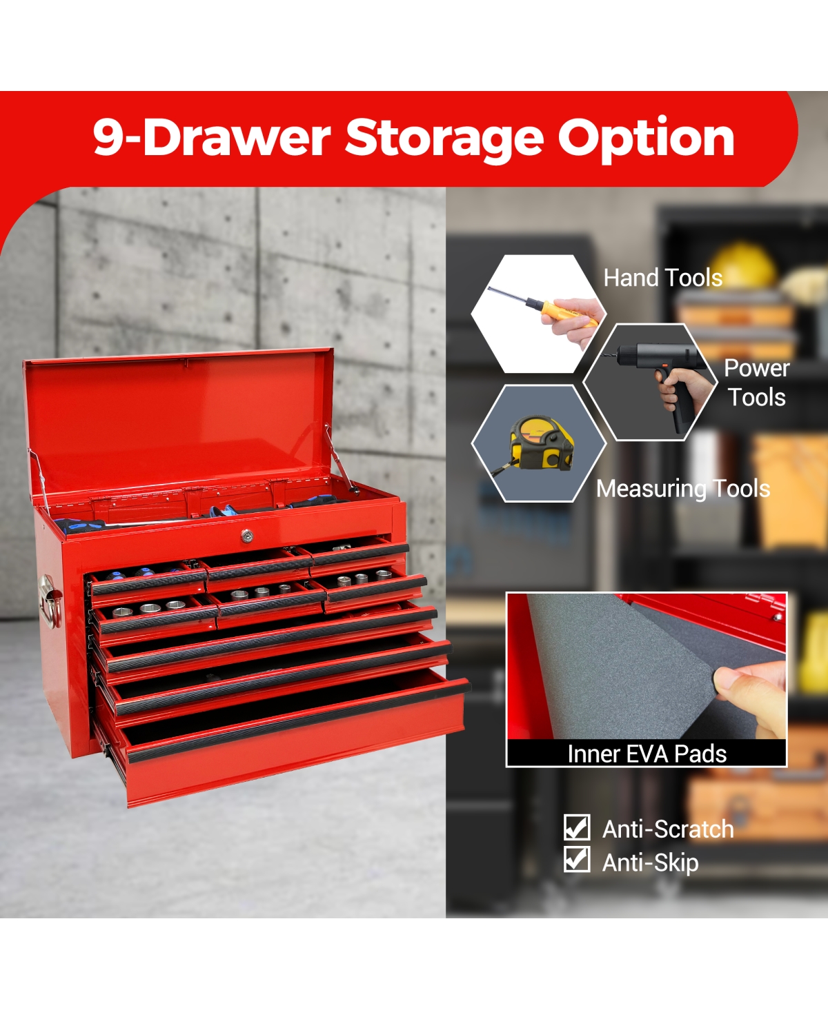 Streamdale Furniture 24-Inch Heavy Duty 9-Drawer Metal Tool Box and Chest with Eva Liners
