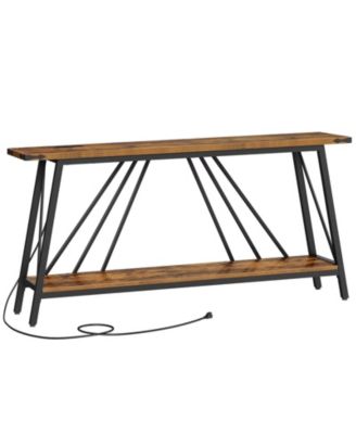 2-Tier Industrial Entryway Console Table with Charging Station and Storage Shelf