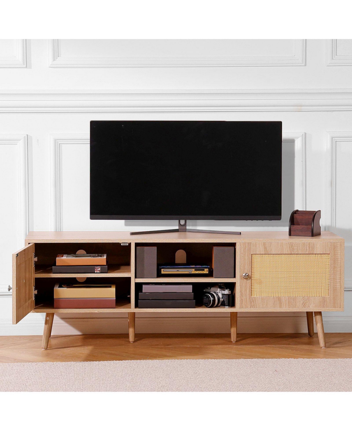 Slickblue Mid Century Modern Rattan Tv Stand with Built-In Socket, Storage Shelves for Living Room