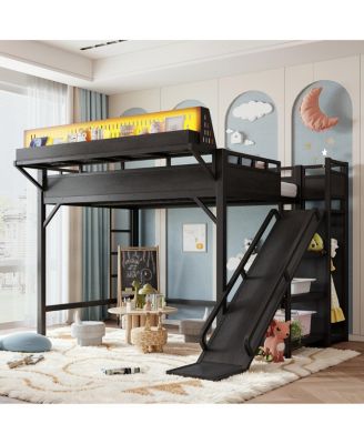  Full Size Metal Loft Bed with Slide, Wardrobe and LED Lights