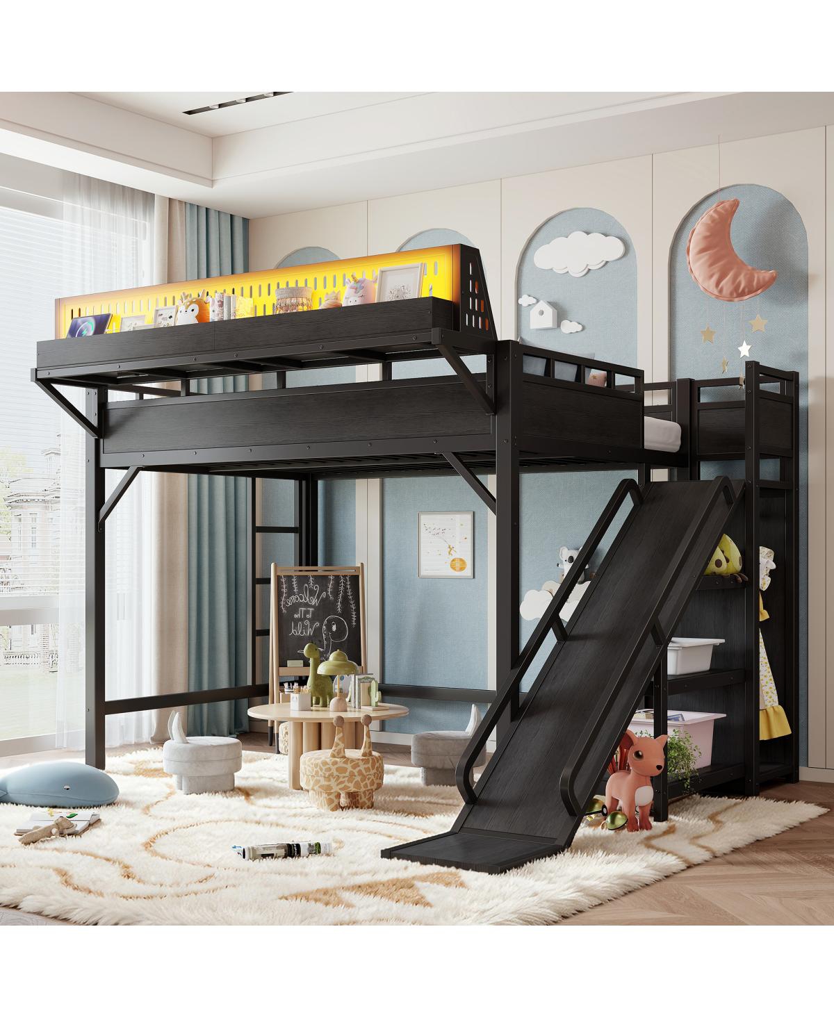 Streamdale Furniture Full Size Metal Loft Bed with Slide, Wardrobe and Led Lights