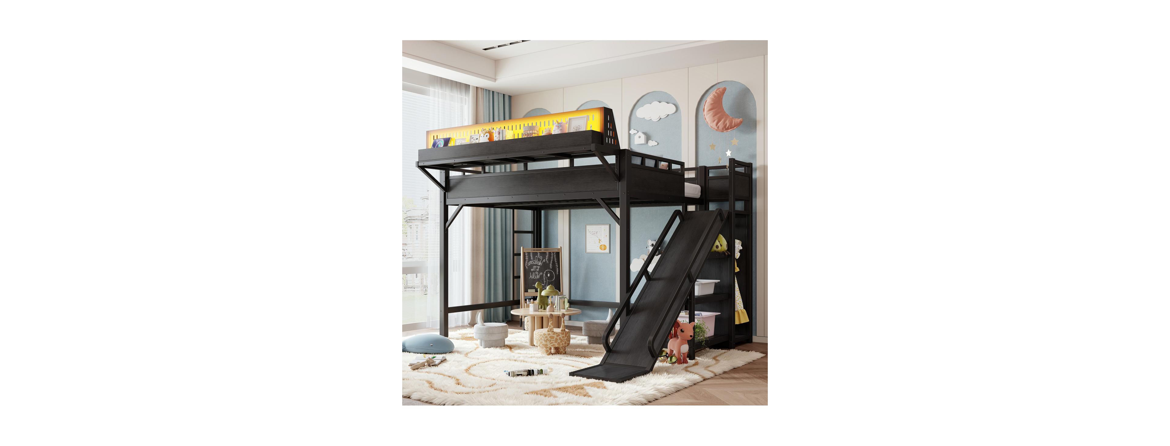 Streamdale Furniture Full Size Metal Loft Bed with Slide, Wardrobe and Led Lights