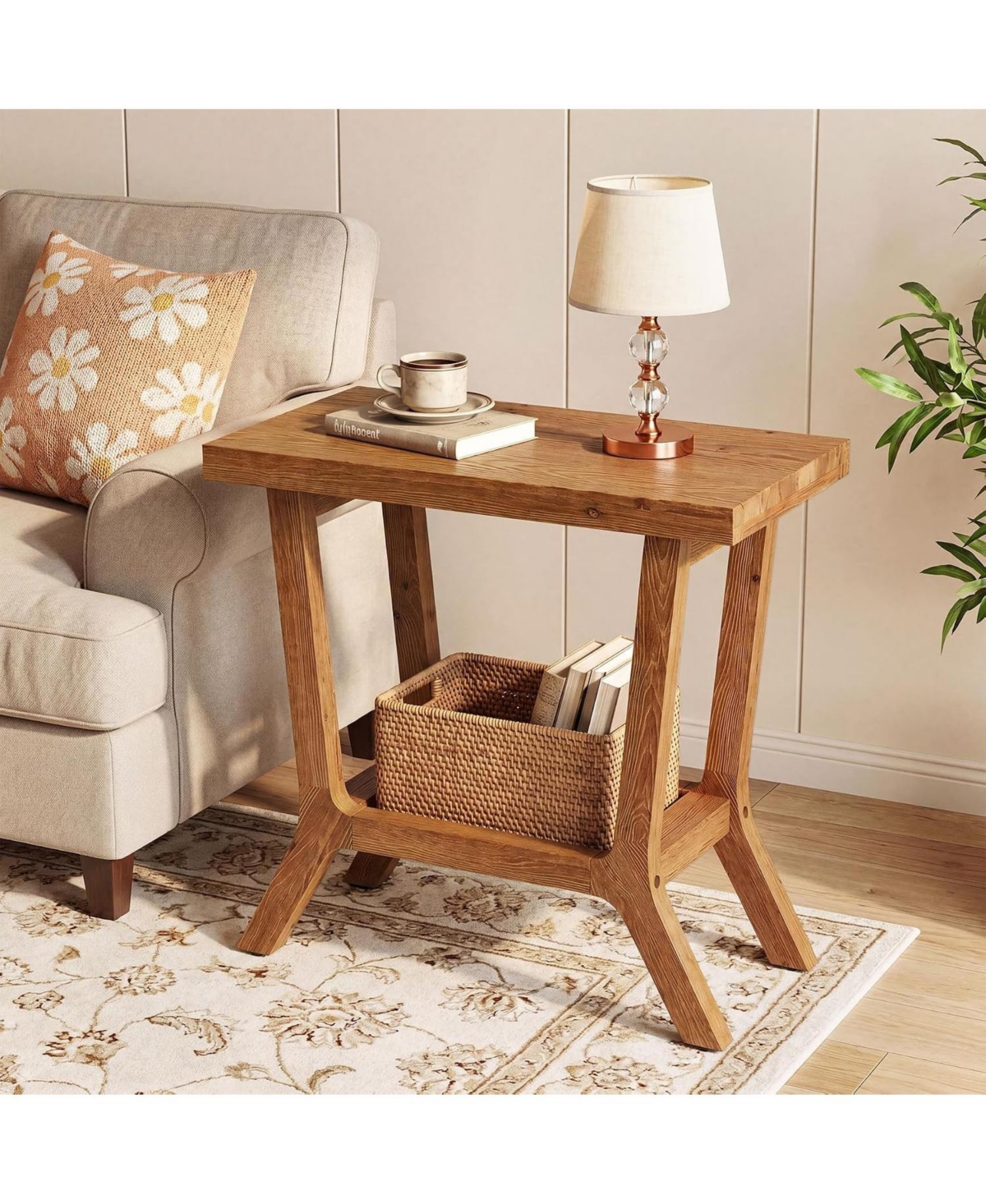 Tribesigns Solid Wood Side Table for Living Room, Small Wooden End Table with 2-Tier Storage