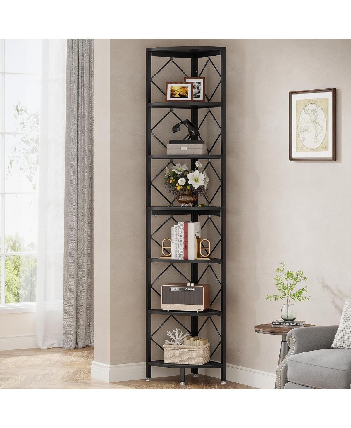 Tribesigns 7-Tier Corner Shelf, 78.7” Extra Tall Bookcase, Industrial Slim Bookshelf for Small Narrow Space, Wood Shelf St