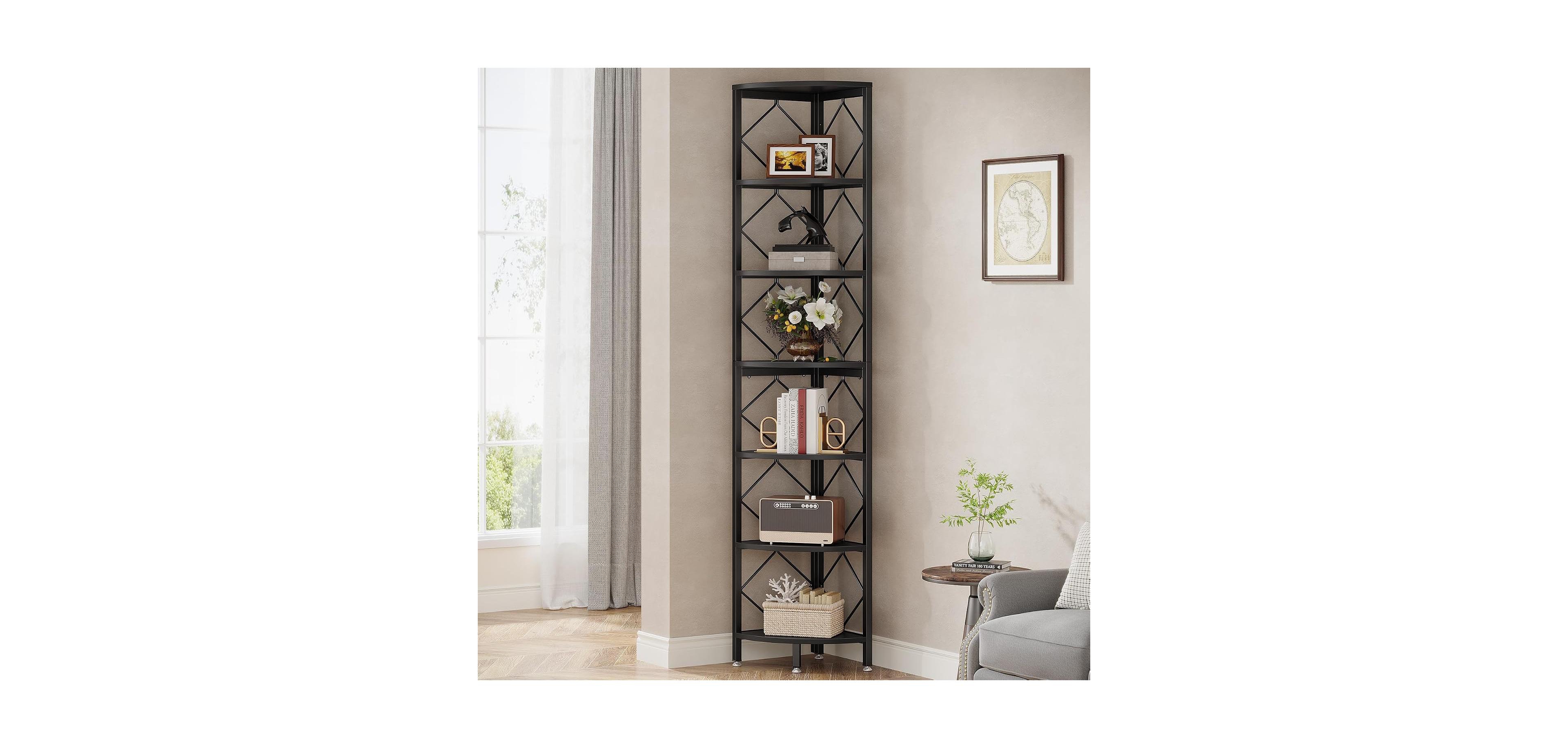 Tribesigns 7-Tier Corner Shelf, 78.7” Extra Tall Bookcase, Industrial Slim Bookshelf for Small Narrow Space, Wood Shelf St