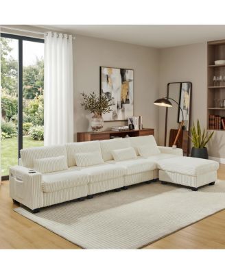 L-Shaped Corduroy Modular Sectional Sofa with Storage and Cup Holders