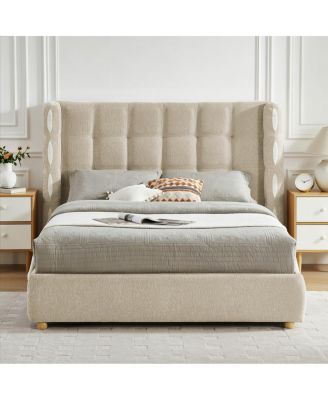 Queen Size Removable Chenille Wingback Waffle Storage Bed