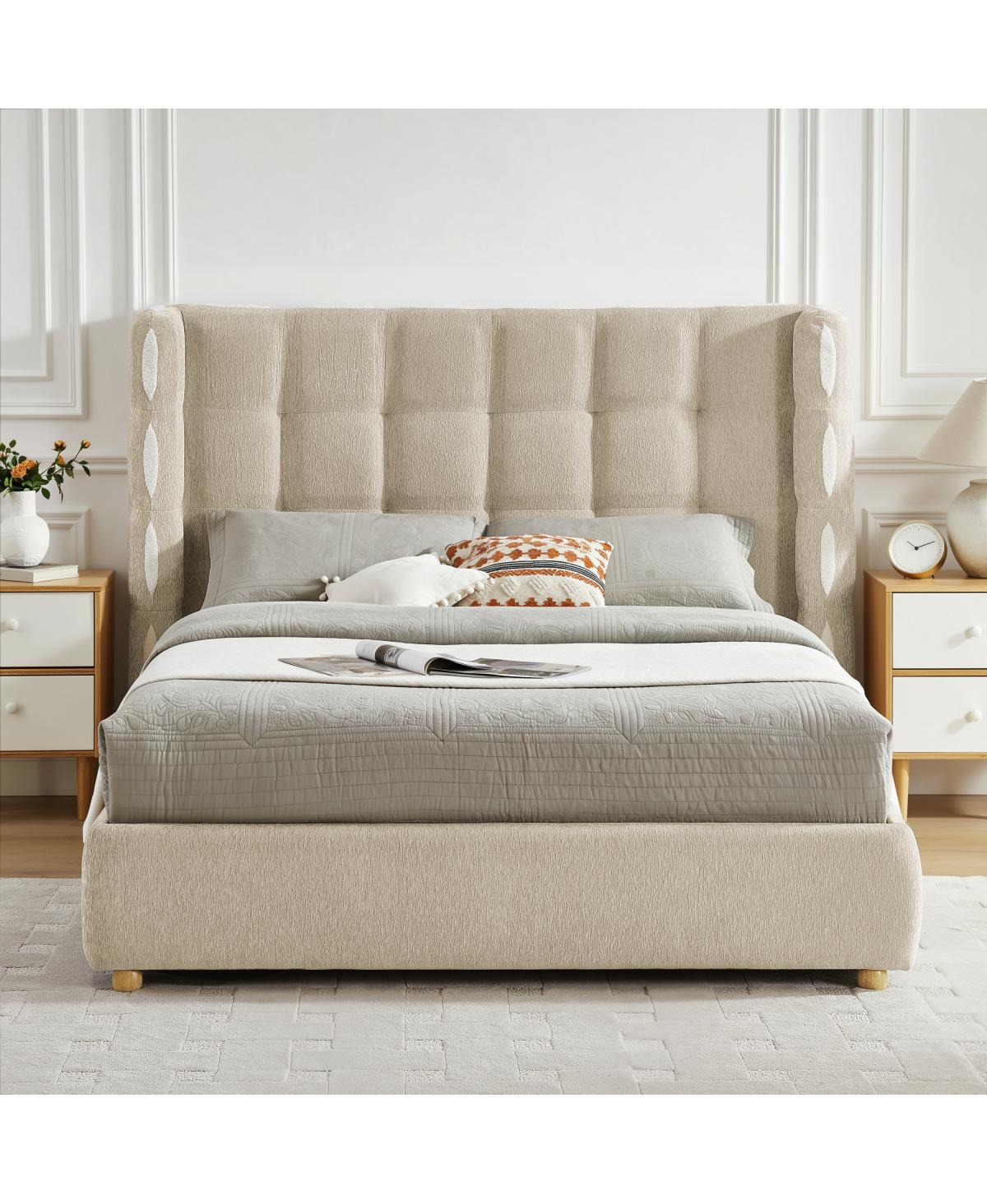 Streamdale Furniture Queen Size Removable Chenille Wingback Waffle Storage Bed