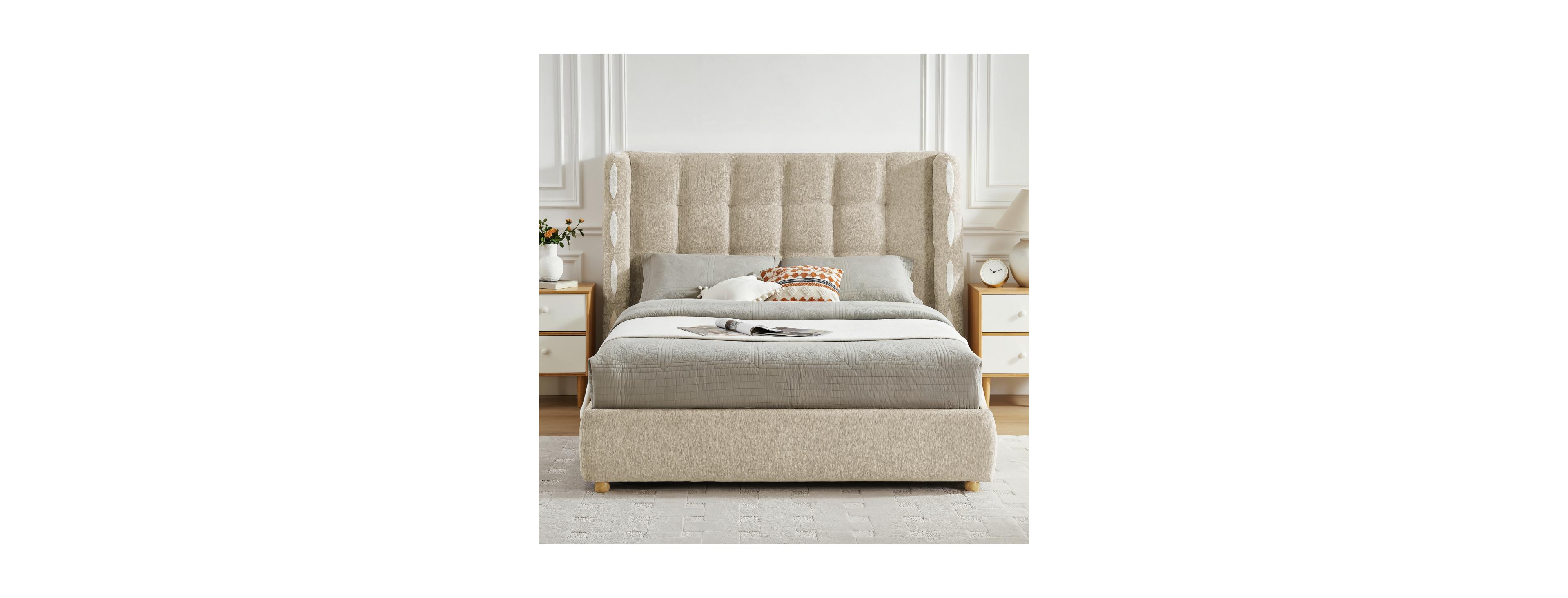Streamdale Furniture Queen Size Removable Chenille Wingback Waffle Storage Bed