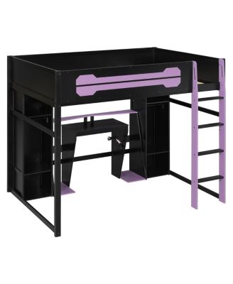  Full-Size Wooden Gaming Loft Bed with Desk, Storage, RGB Lights and Wardrobe