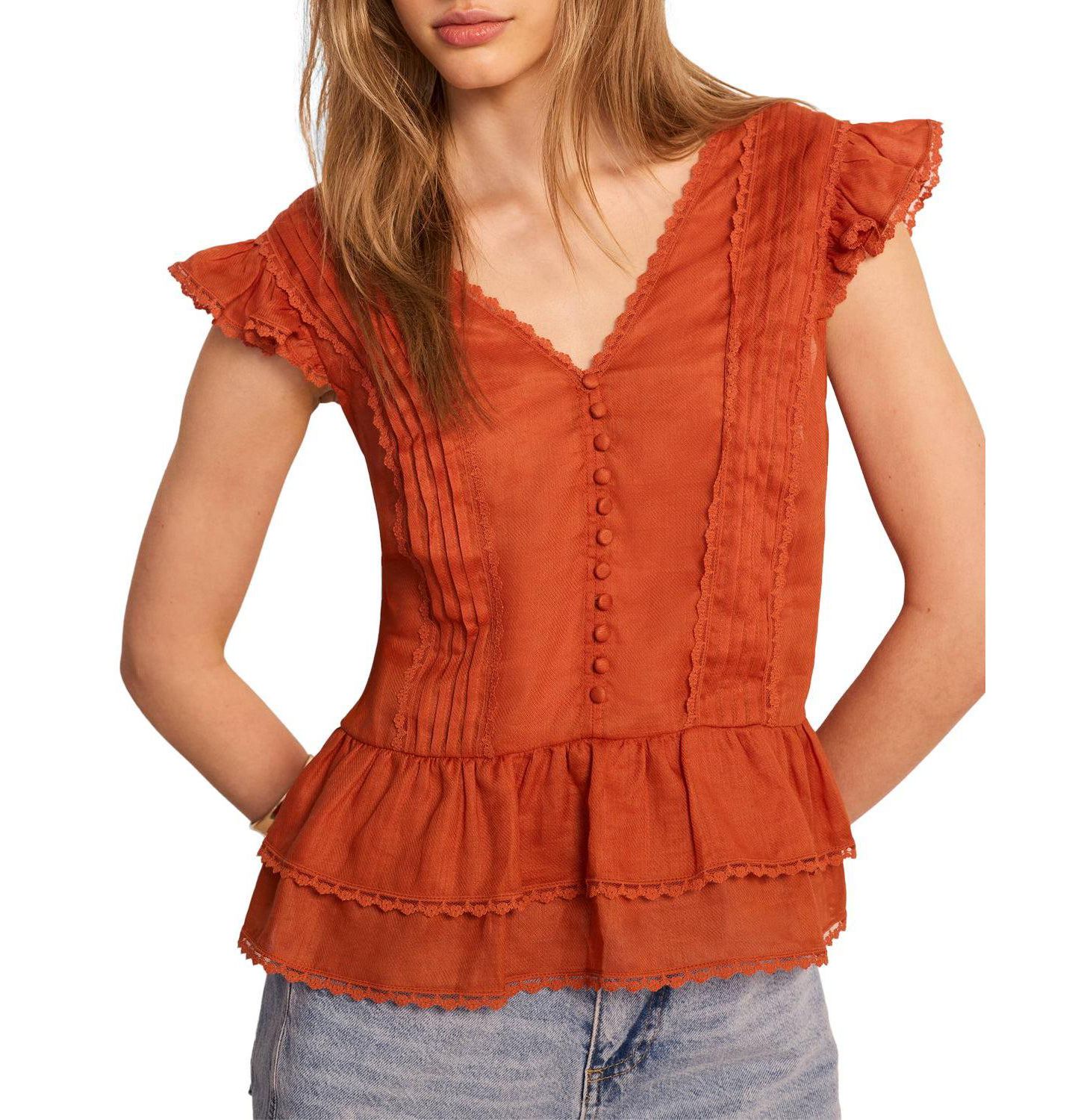 Женская блузка Mint Velvet V-Neck Ruffle Sleeveless Ramie, цвет: Оранжевый — фото 2