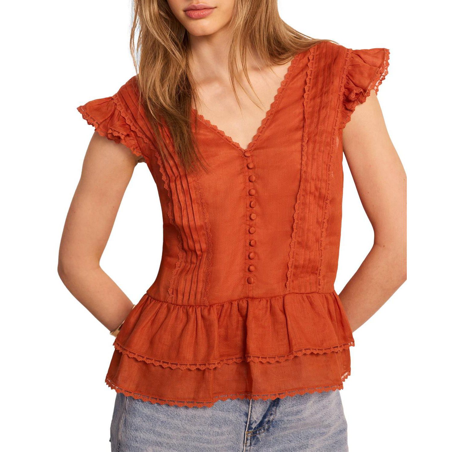 Women's V-Neck Ruffle Sleeveless Ramie Blouse