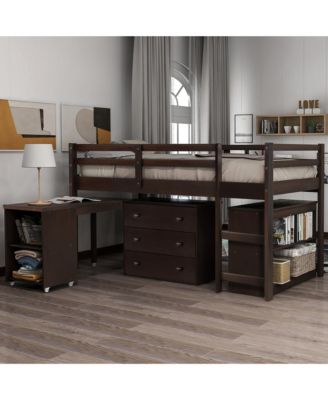 Low Study Twin Loft Bed with Cabinet and Rolling Portable Desk