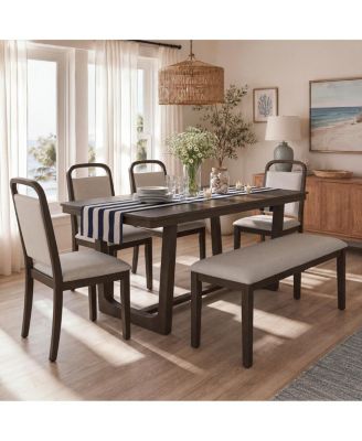 6-Piece Farmhouse Dining Table Set with 4 Chairs and 1 Bench