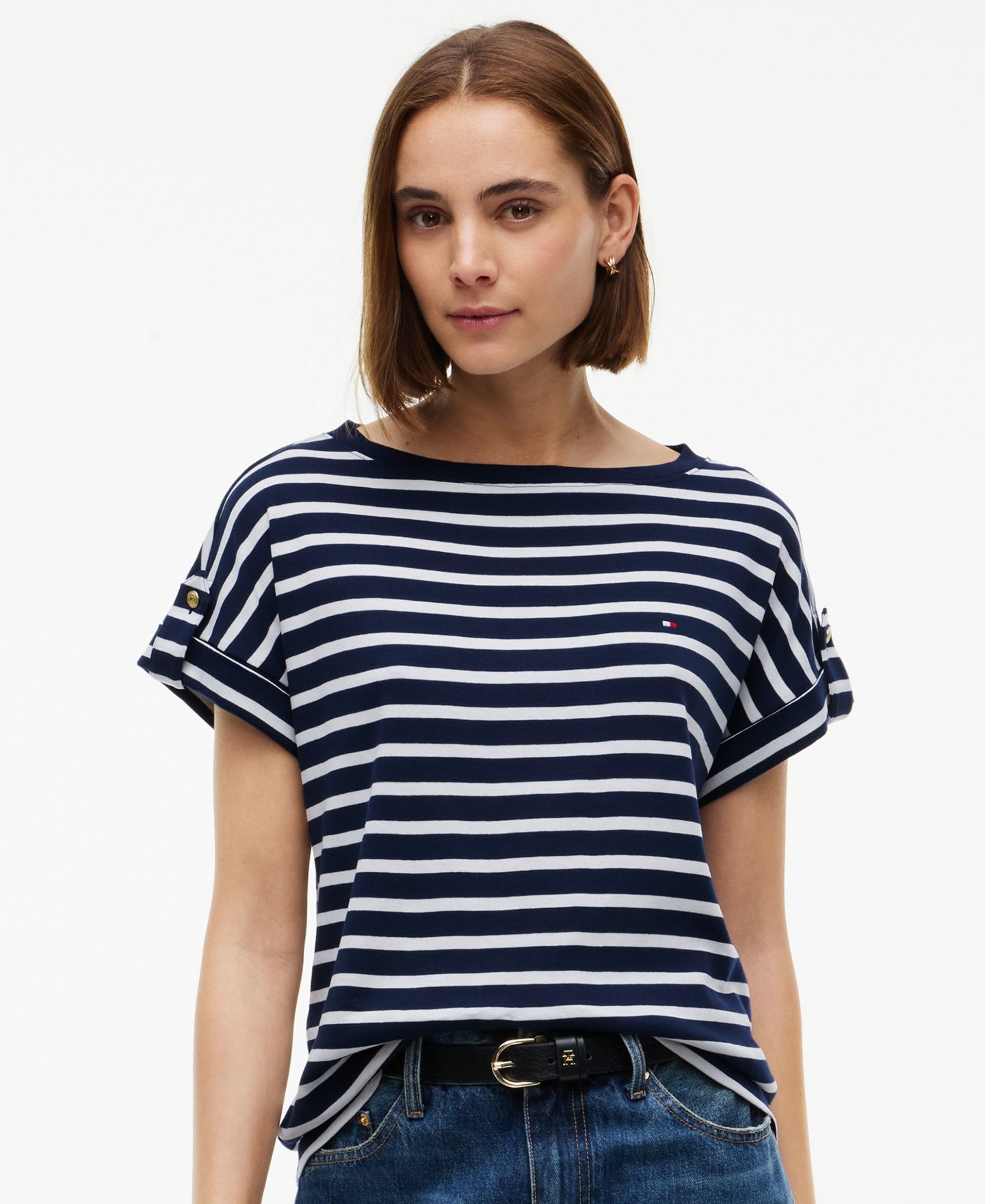 Женская футболка Tommy Hilfiger Breton-Stripe Boat-Neck Gold-Tone Button, цвет: Тёмный синий экрю — фото 1