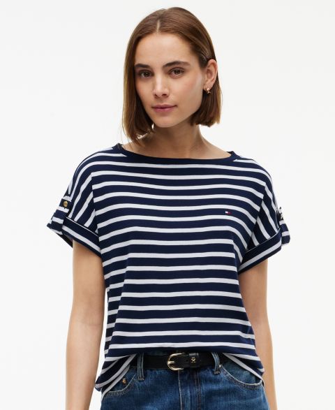 Женская футболка Tommy Hilfiger Breton-Stripe Boat-Neck Gold-Tone Button, цвет: Тёмный синий экрю