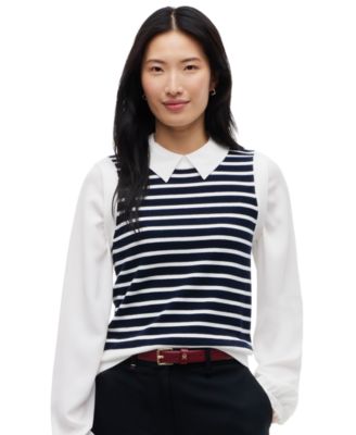 Women's 2 In 1 Collared Long-Sleeve Striped Sweater