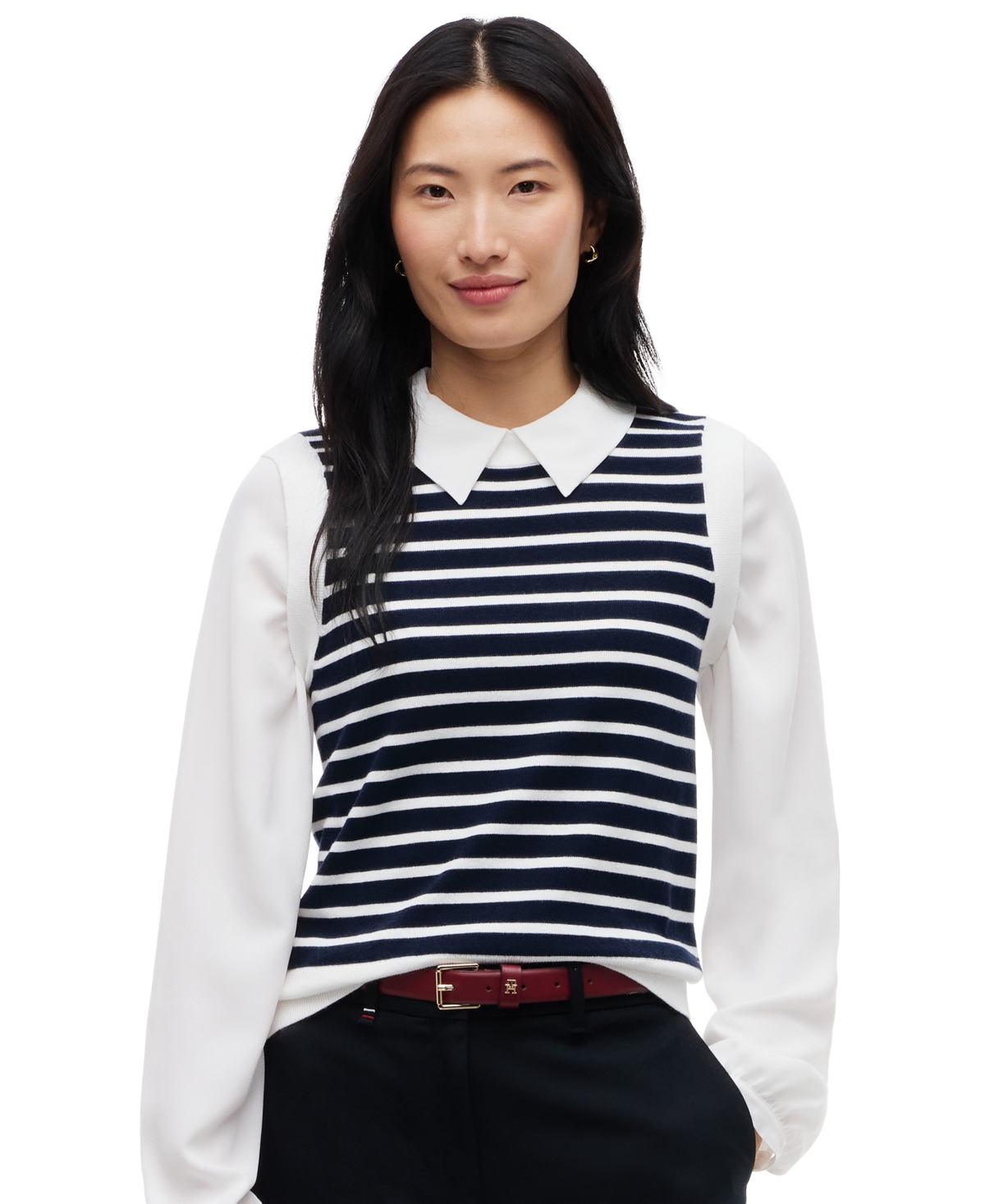 Tommy Hilfiger Women's 2 1 Collared Long-Sleeve Striped Sweater