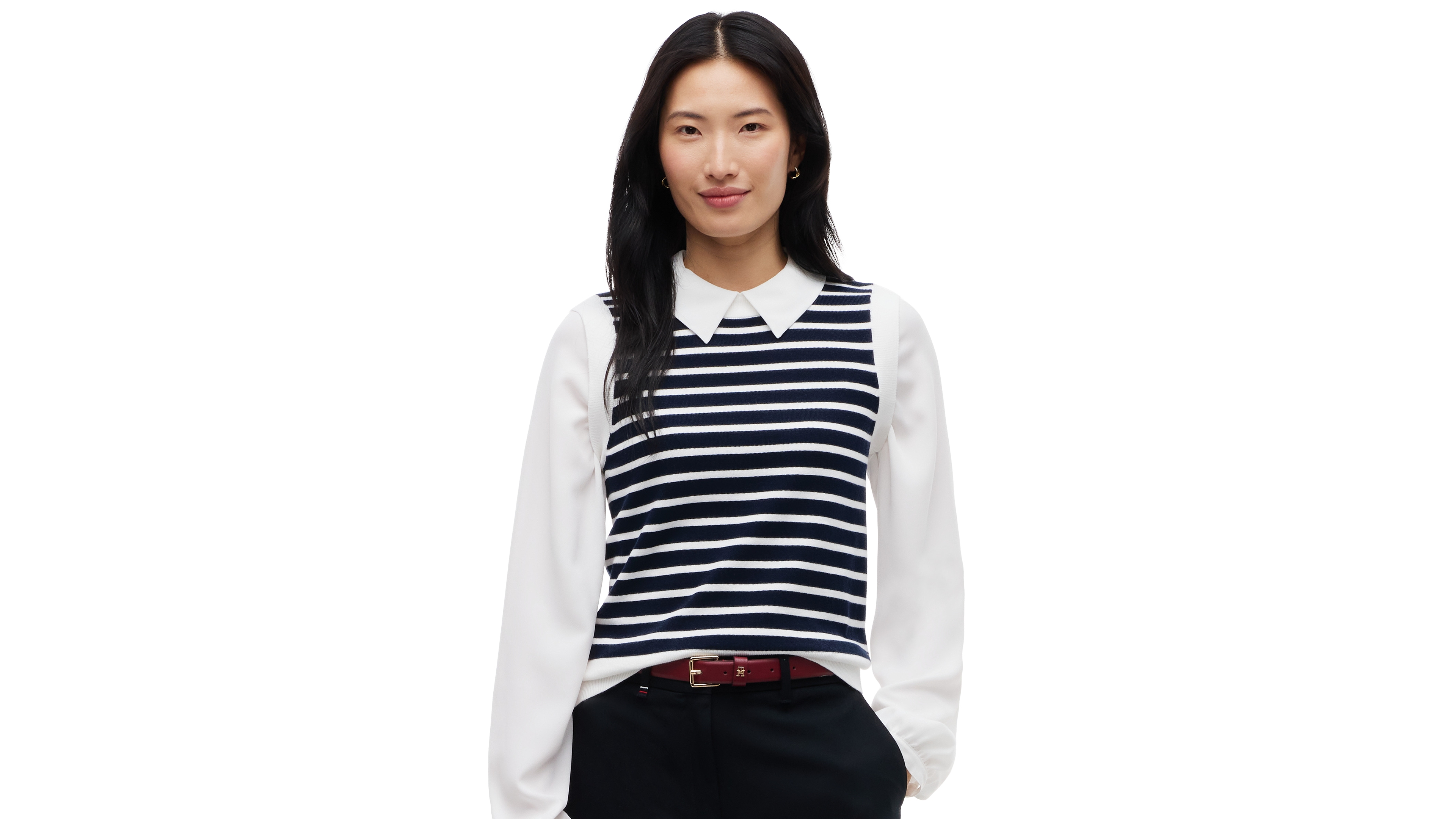 Tommy Hilfiger Women's 2 1 Collared Long-Sleeve Striped Sweater