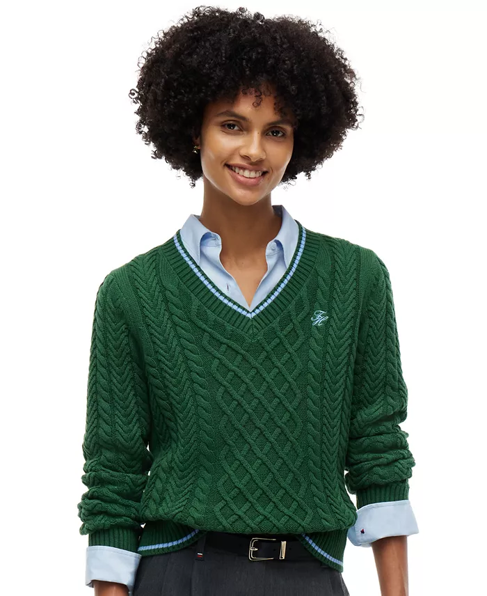 Women's Cable-Knit V-Neck Sweater - thumbnail 8