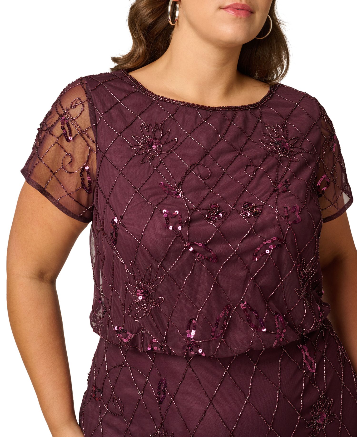 Plus Size Bead Blouson Sequin Short-Sleeve Boat Neck Gown