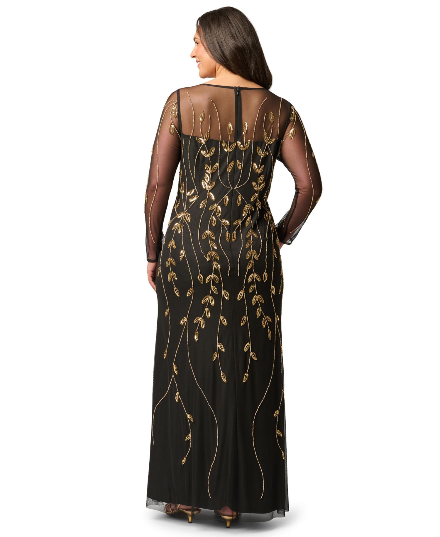 Plus Size Beaded Long-Sleeve Gown