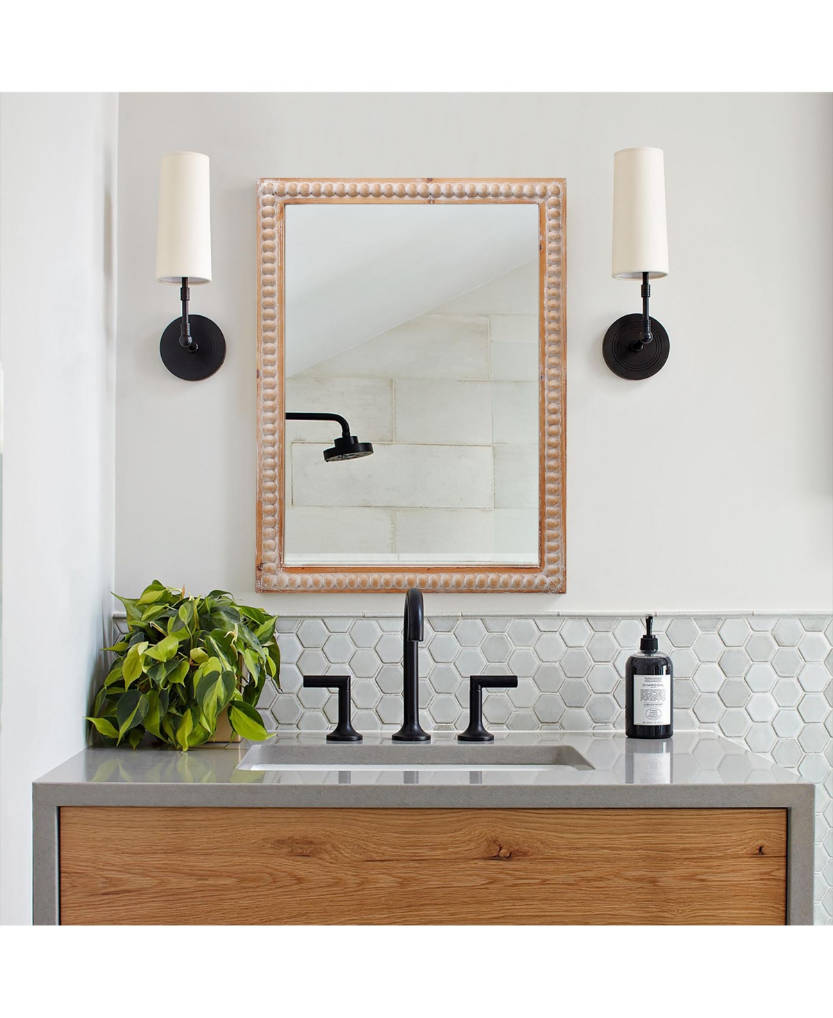 Busdays 22 x 30 Inch Wood Framed Farmhouse Bathroom Wall Mirror Rectangular with Beading Horizontal Vertical Mount for Vanity
