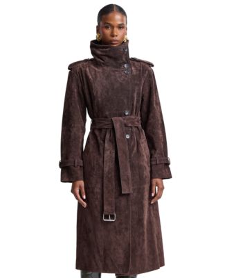 Women's Funnel-Neck Suede Oversized Trench Coat