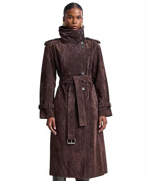 Avec Les Filles Women's Funnel-Neck Suede Oversized Trench Coat