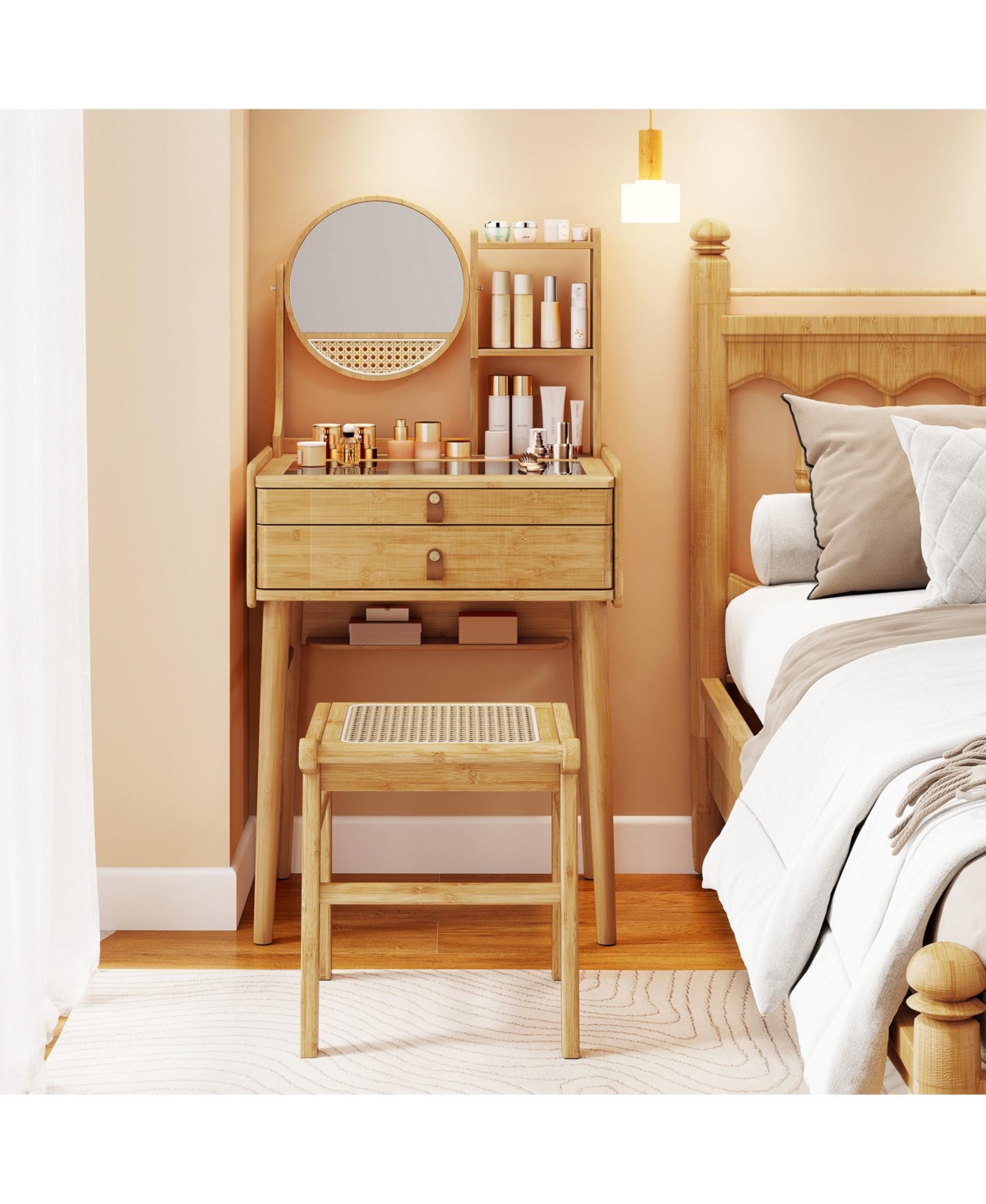 Slickblue Small Vanity Desk and Stool Set with Mirror and 2 Drawers