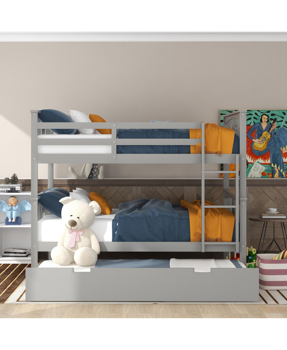 Clihome Full over Full Bunk Bed with Twin Size Trundle and Ladde
