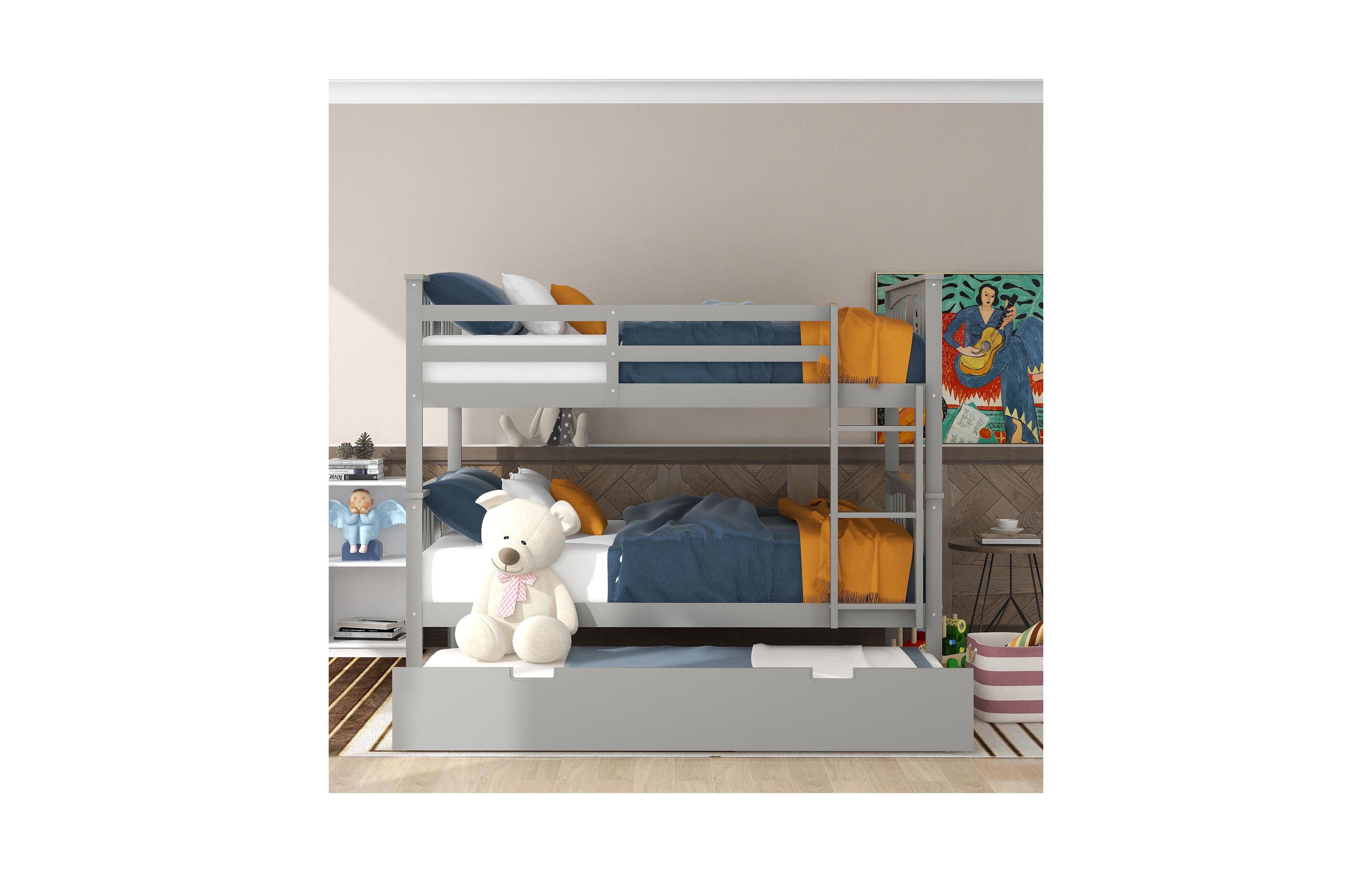Clihome Full over Full Bunk Bed with Twin Size Trundle and Ladde