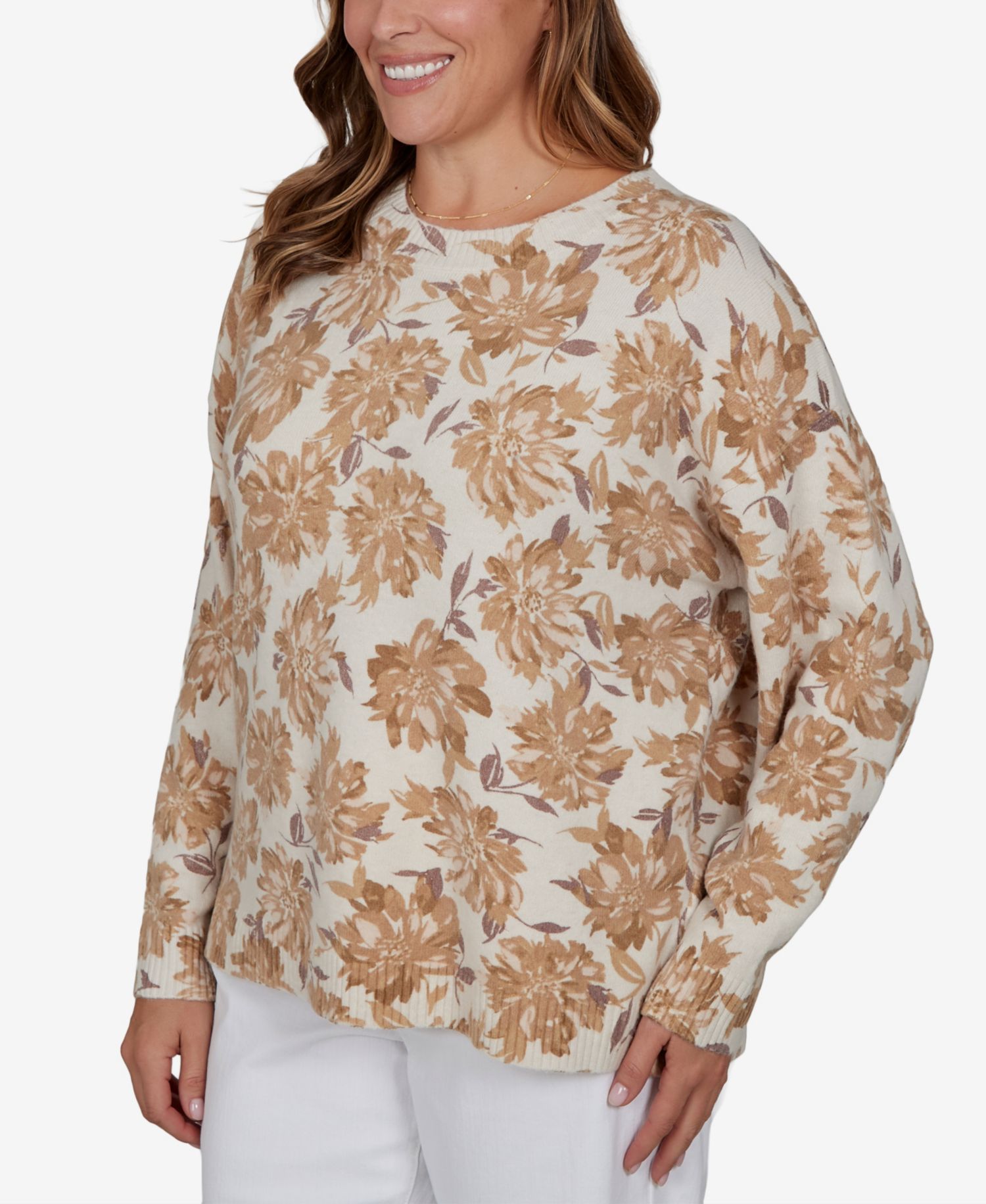 Plus Size Floral-Print Crewneck Long-Sleeve Sweater