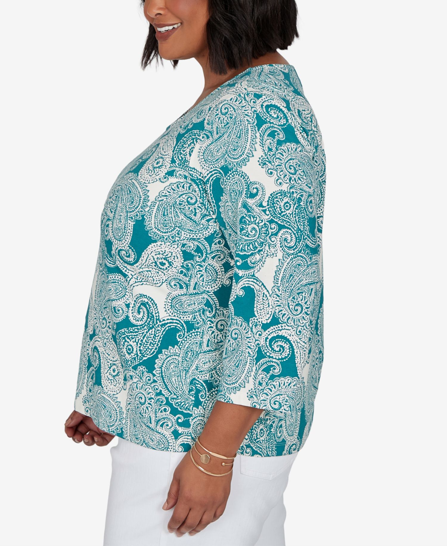 Plus Size Stamped Paisley 3/4-Sleeve Scoop Neck T-Shirt