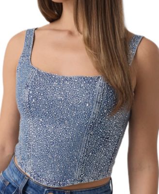 Women's Gala Square-Neck Embellished Sleeveless Denim Bustier