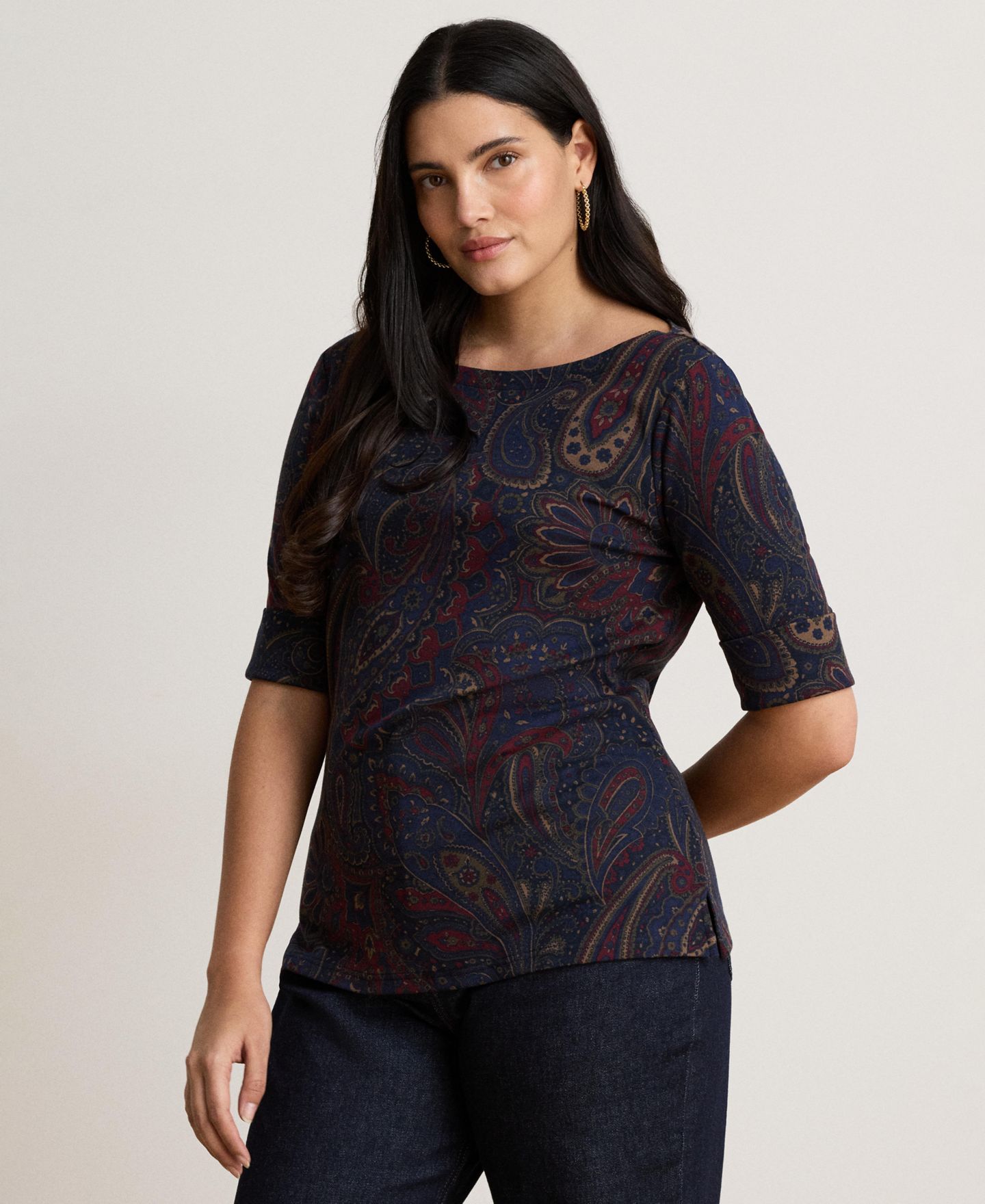 Женская футболка Lauren Ralph Lauren Paisley Boatneck Elbow-Length-Sleeve, цвет: Тёмно-синий разноцветный — фото 3