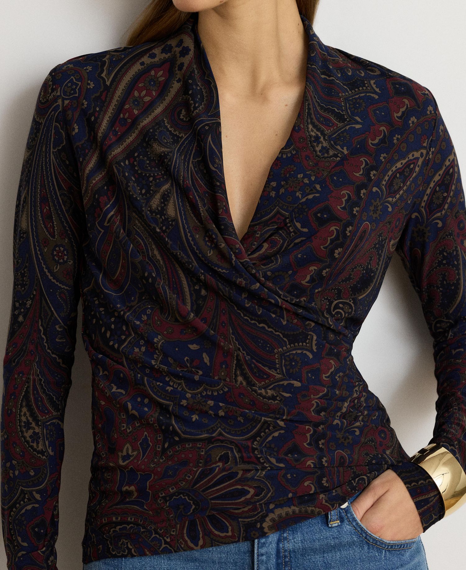 Women's Paisley Long-Sleeve Surplice Top