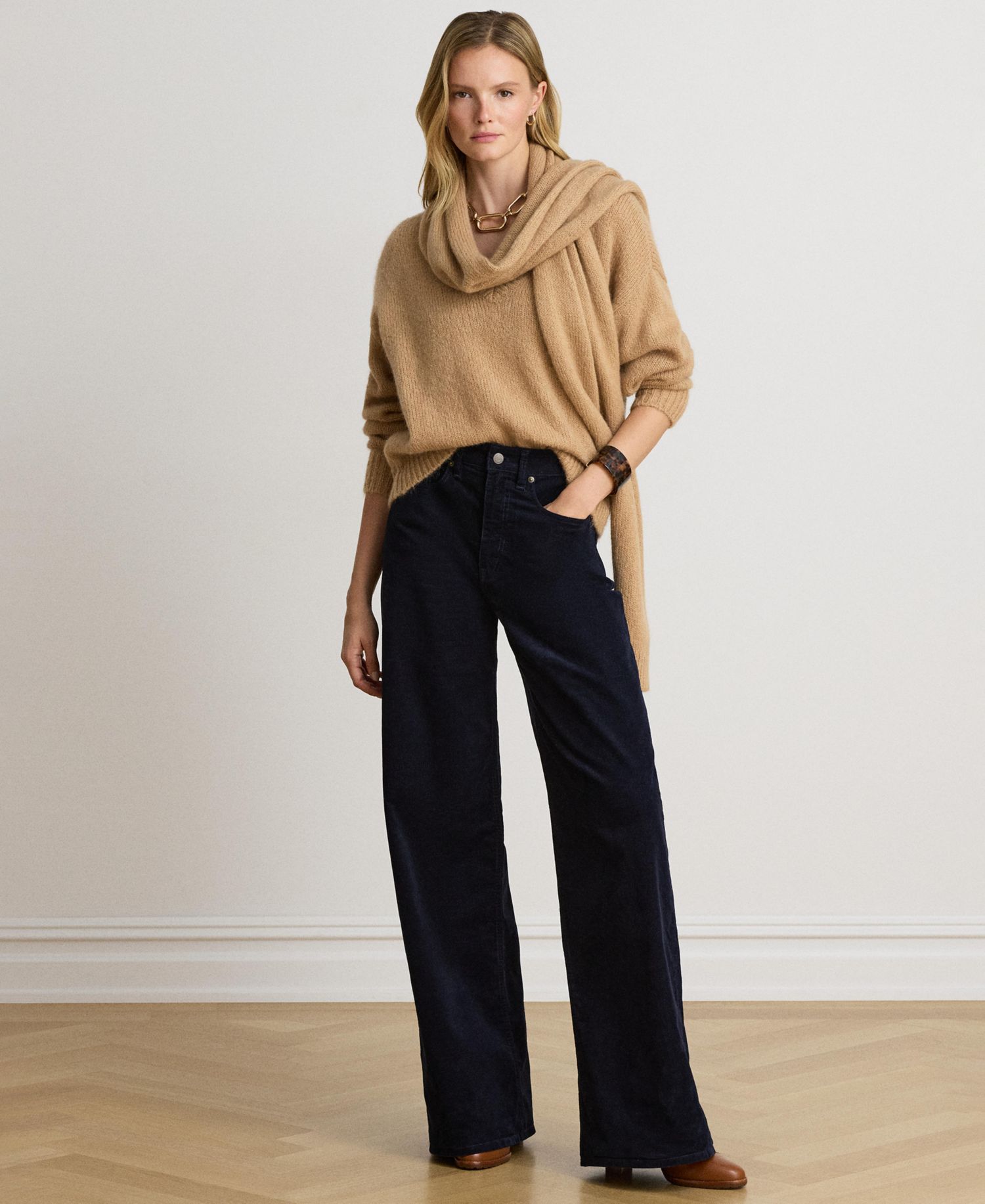 Women's Lofty Mohair Blend-Long Detachable Scarf V-Neck Sweater