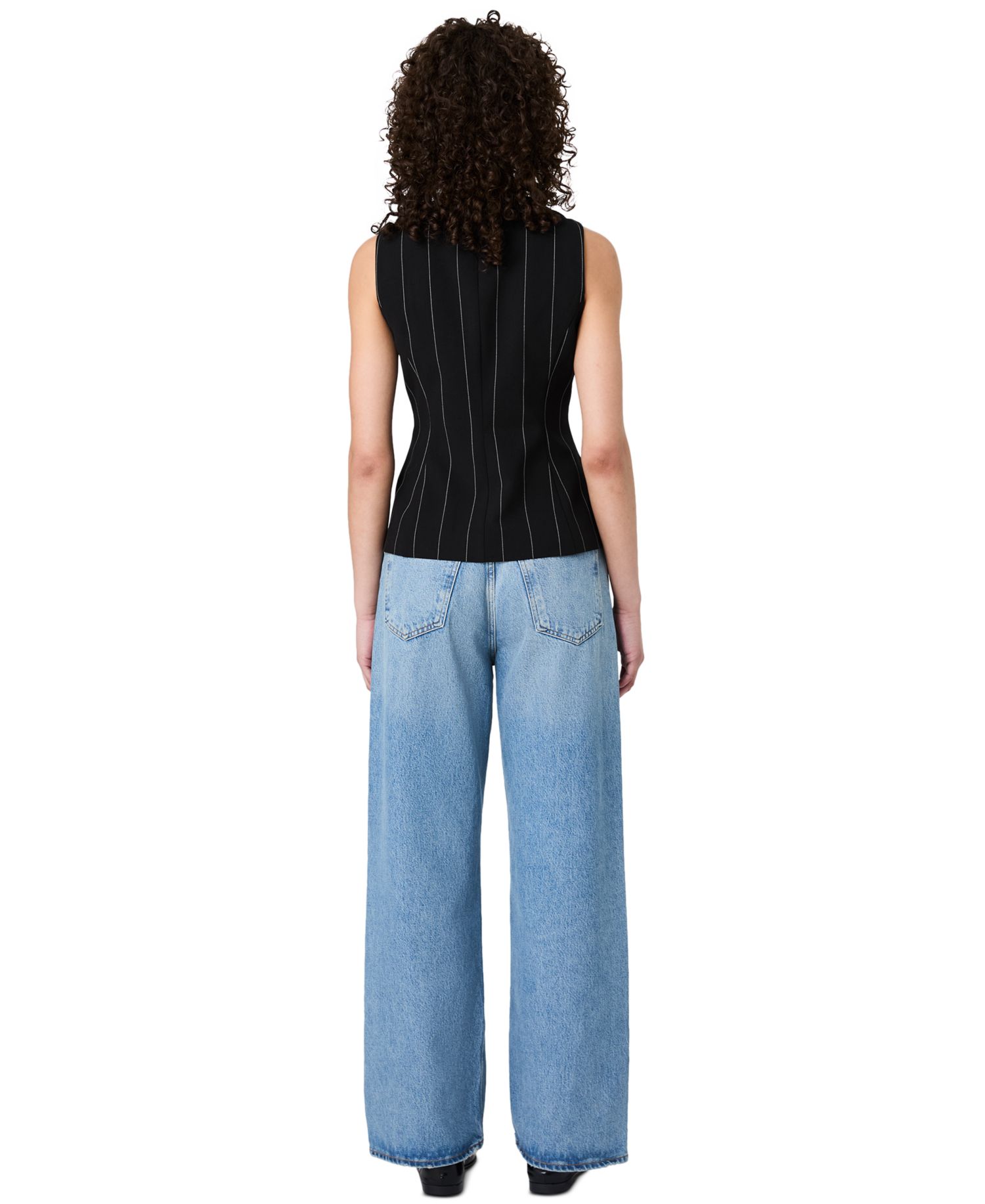 Women's Wide Pinstripe Suiting Sleeveless Peplum Top