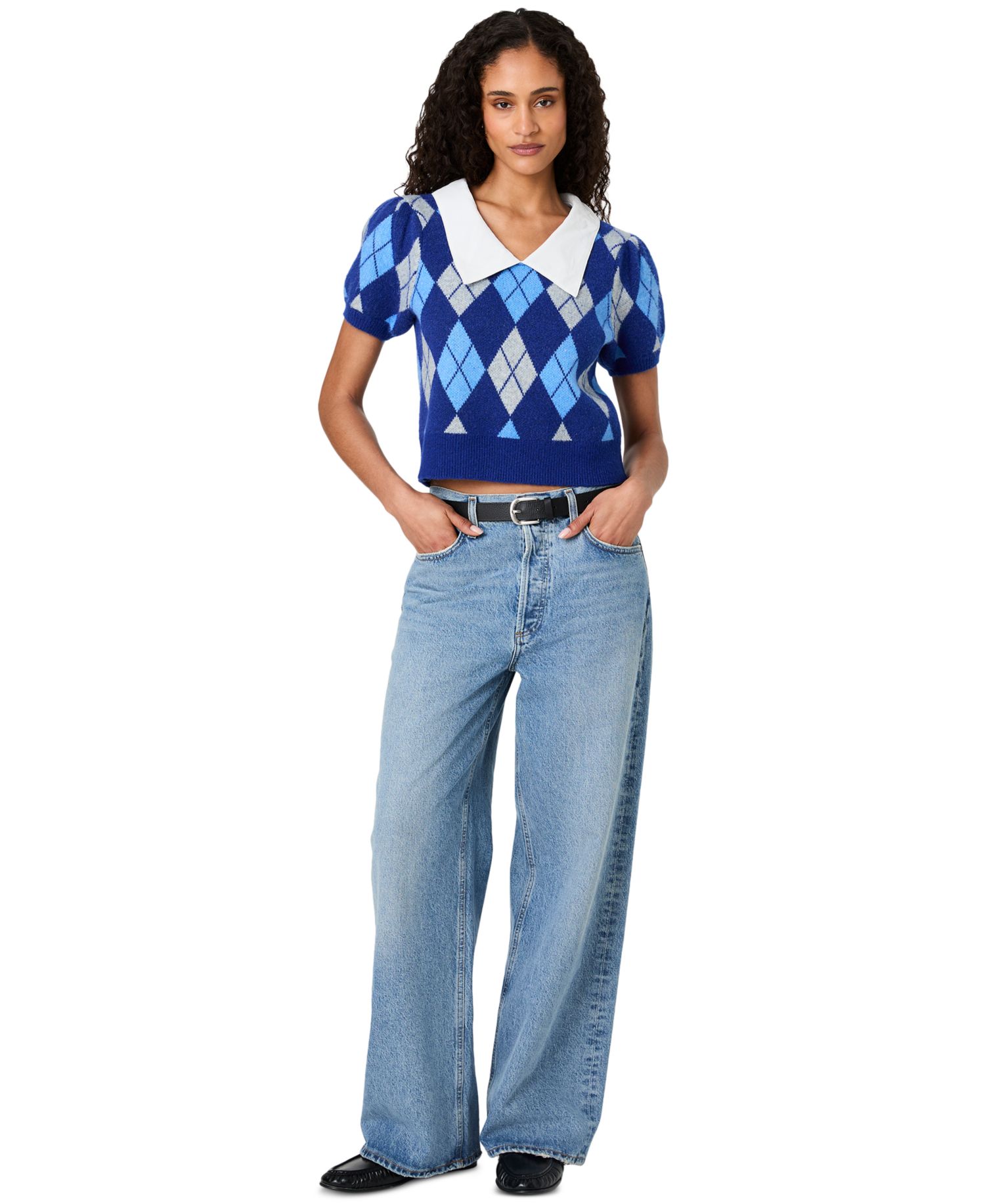 Women's Koda Puff-Sleeve Argyle-Jacquard Collared Top