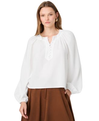 Women's Tencel Mock-Neck Long-Sleeve Half-Placket Blouse