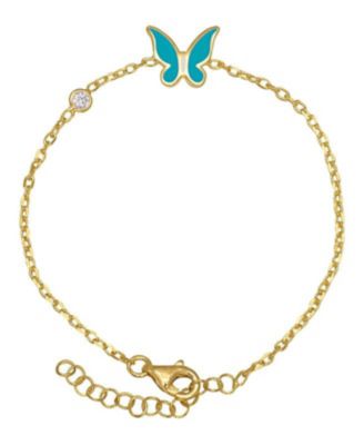 Girls Enamel Butterfly and Cubic Zirconia Bezel Station Chain Link Bracelet in 14K
